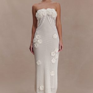 Samantha Crochet Midi Dress With Flowers - Ivory
