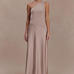 Lyla Asymmetrical Satin Maxi Dress - Bronze Taupe