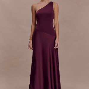 Lyla Asymmetrical Satin Maxi Dress - Plum
