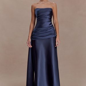 Sarah Strapless Maxi Dress With Waist Tie - Navy