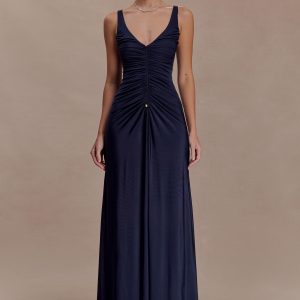 Perrie Slinky Ruched Maxi Dress - Ink Blue