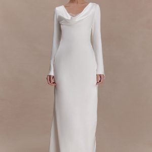 Eliza Long Sleeve Cowl Lace And Satin Maxi Dress - Ivory