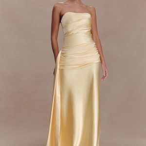 Sarah Strapless Maxi Dress With Waist Tie - Lemon