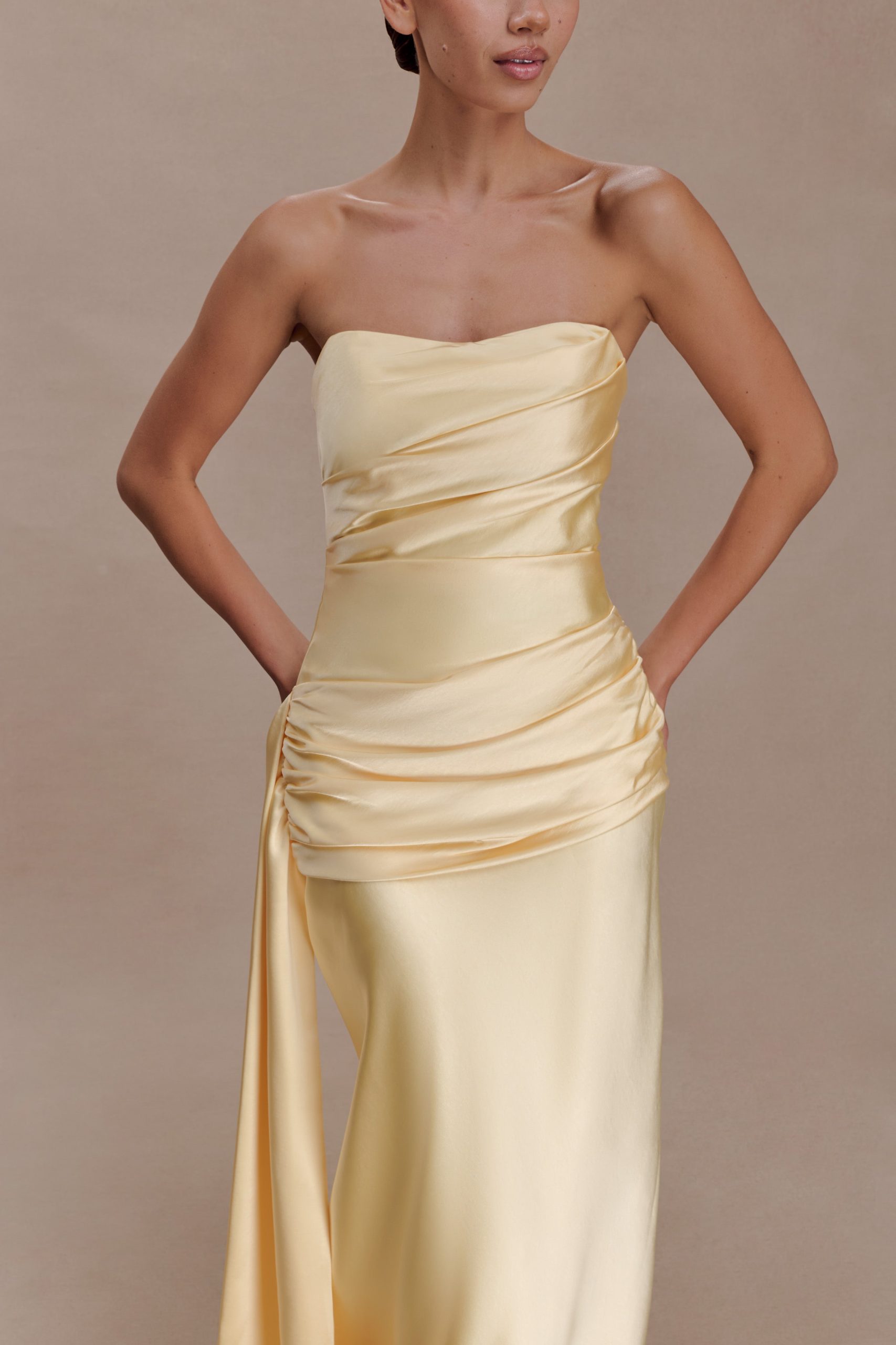 Sarah Strapless Maxi Dress With Waist Tie - Lemon - Image 3