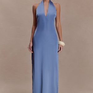 Jade Satin Halter Maxi Dress - Steel Blue