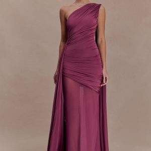 Asher Slinky One Shoulder Maxi Dress - Neutral Plum