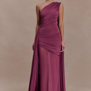 Asher Slinky One Shoulder Maxi Dress - Neutral Plum