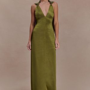 Myla Draped Shoulders Satin Maxi Dress - Khaki