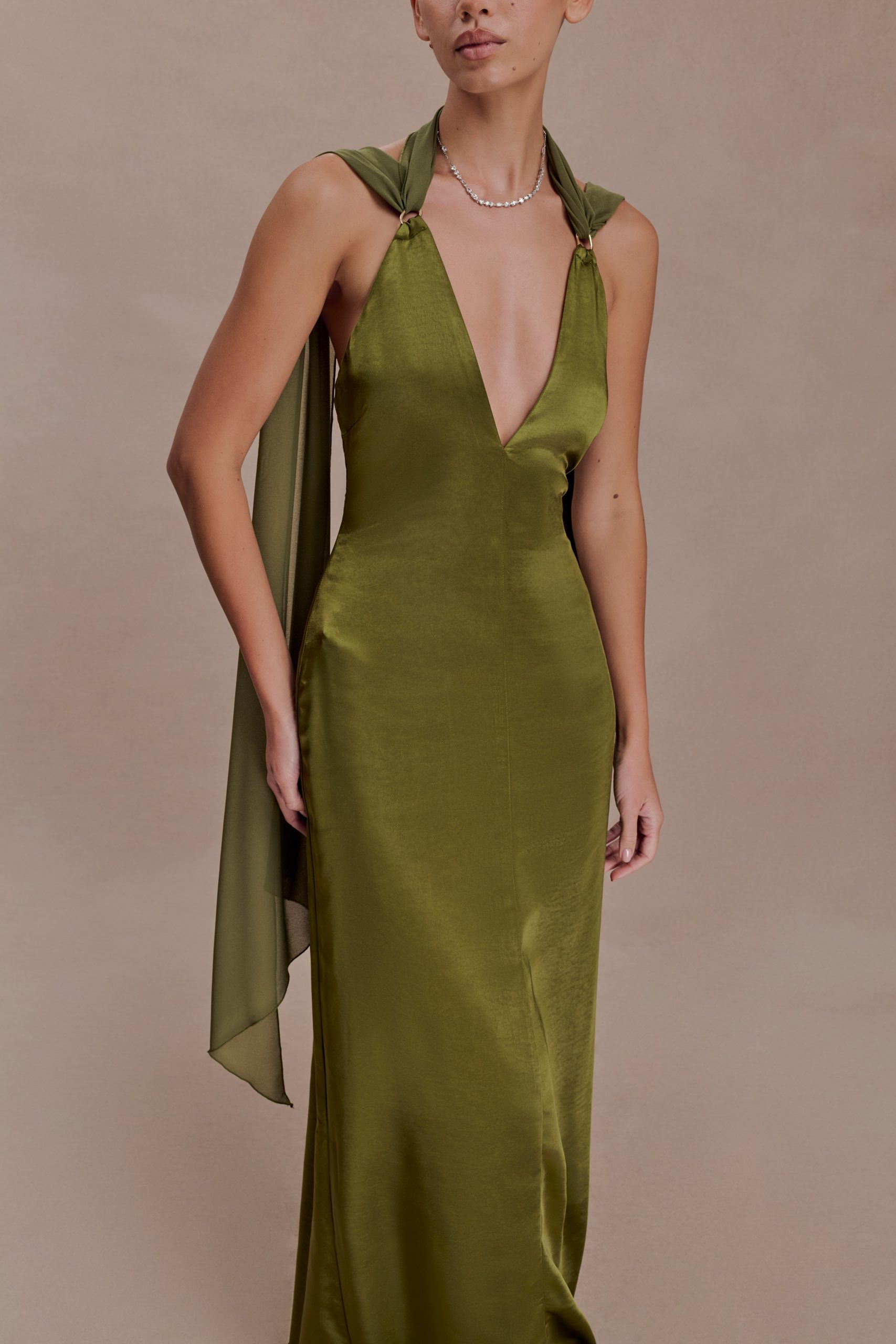 Myla Draped Shoulders Satin Maxi Dress - Khaki - Image 3