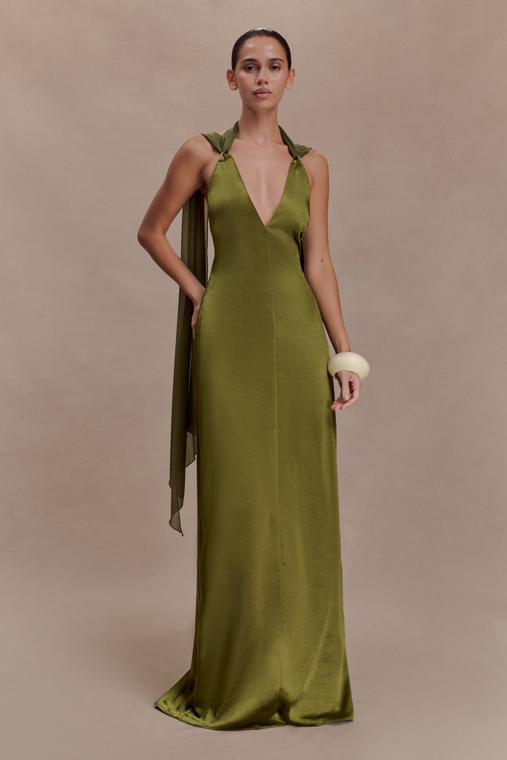 Myla Draped Shoulders Satin Maxi Dress - Khaki - Image 5