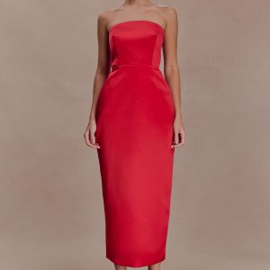 Ophelia Peplum Satin Maxi Dress - Red