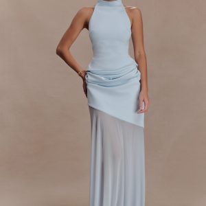 Portia Scuba And Mesh Maxi Skirt - Pale Blue