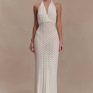 Deeliah Halterneck Crochet Maxi Dress - Ivory