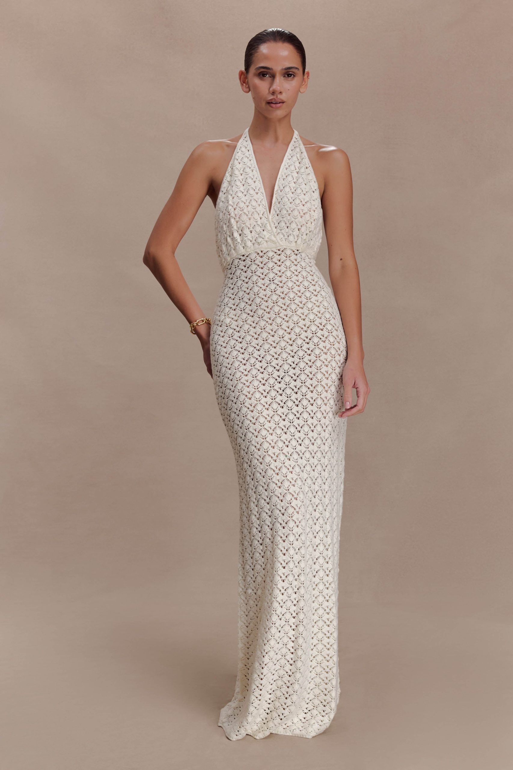 Deeliah Halterneck Crochet Maxi Dress - Ivory - Image 5