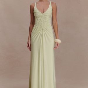 Perrie Slinky Ruched Maxi Dress - Pastel Lime