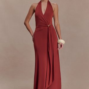 Veda Slinky Halter Maxi Dress - Russet