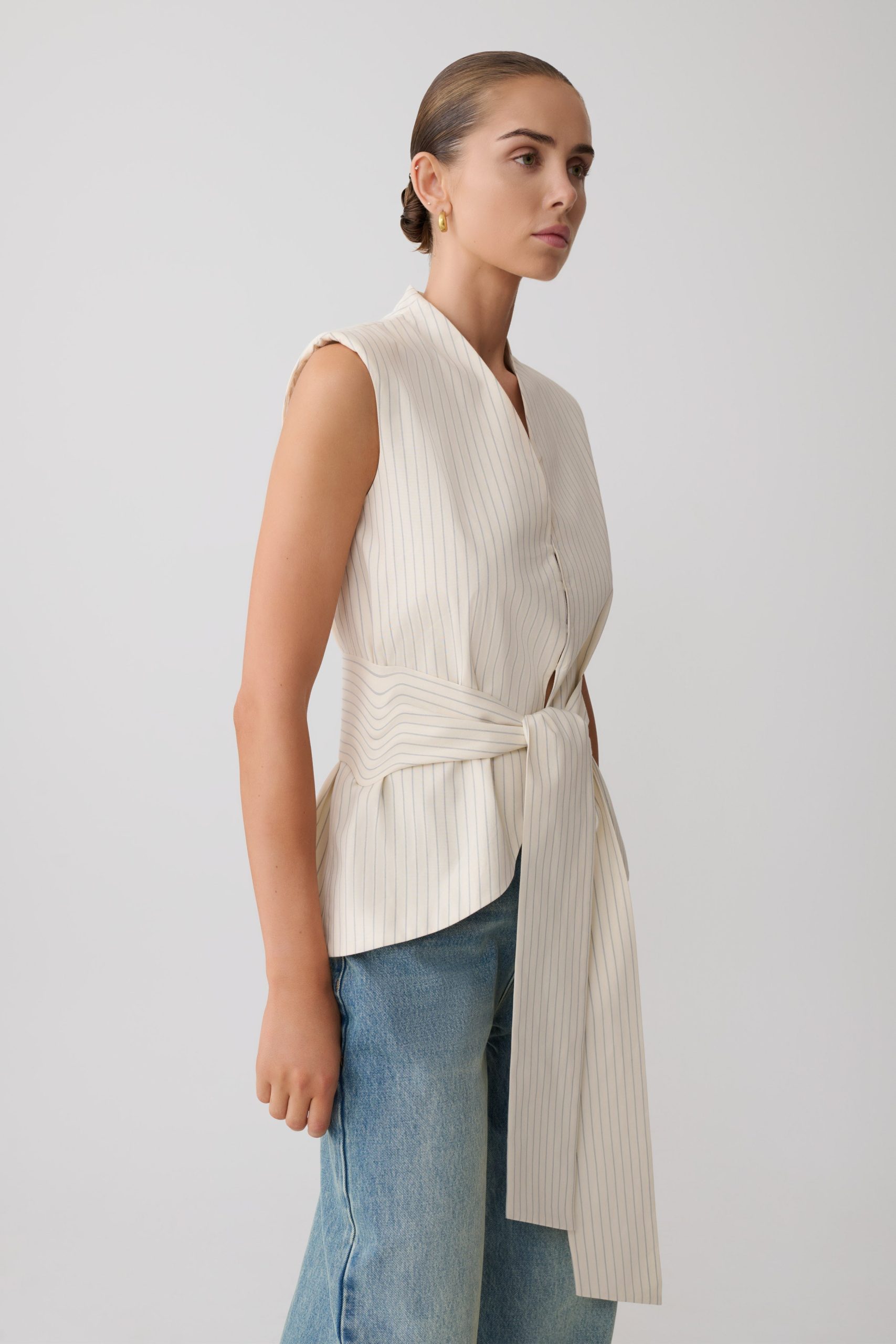Alina Waist Tie Sleeveless Top - Stripe - Image 8