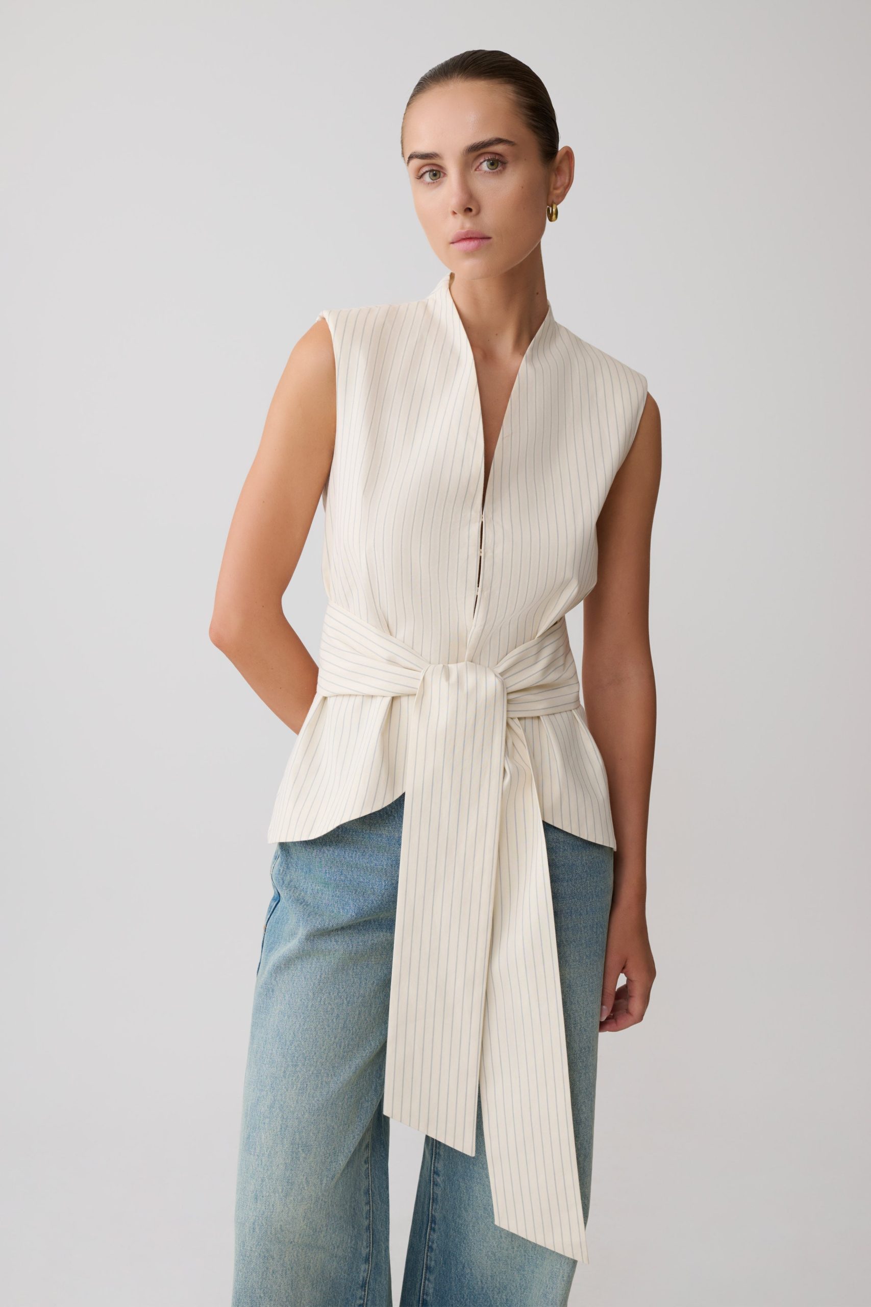 Alina Waist Tie Sleeveless Top - Stripe - Image 9