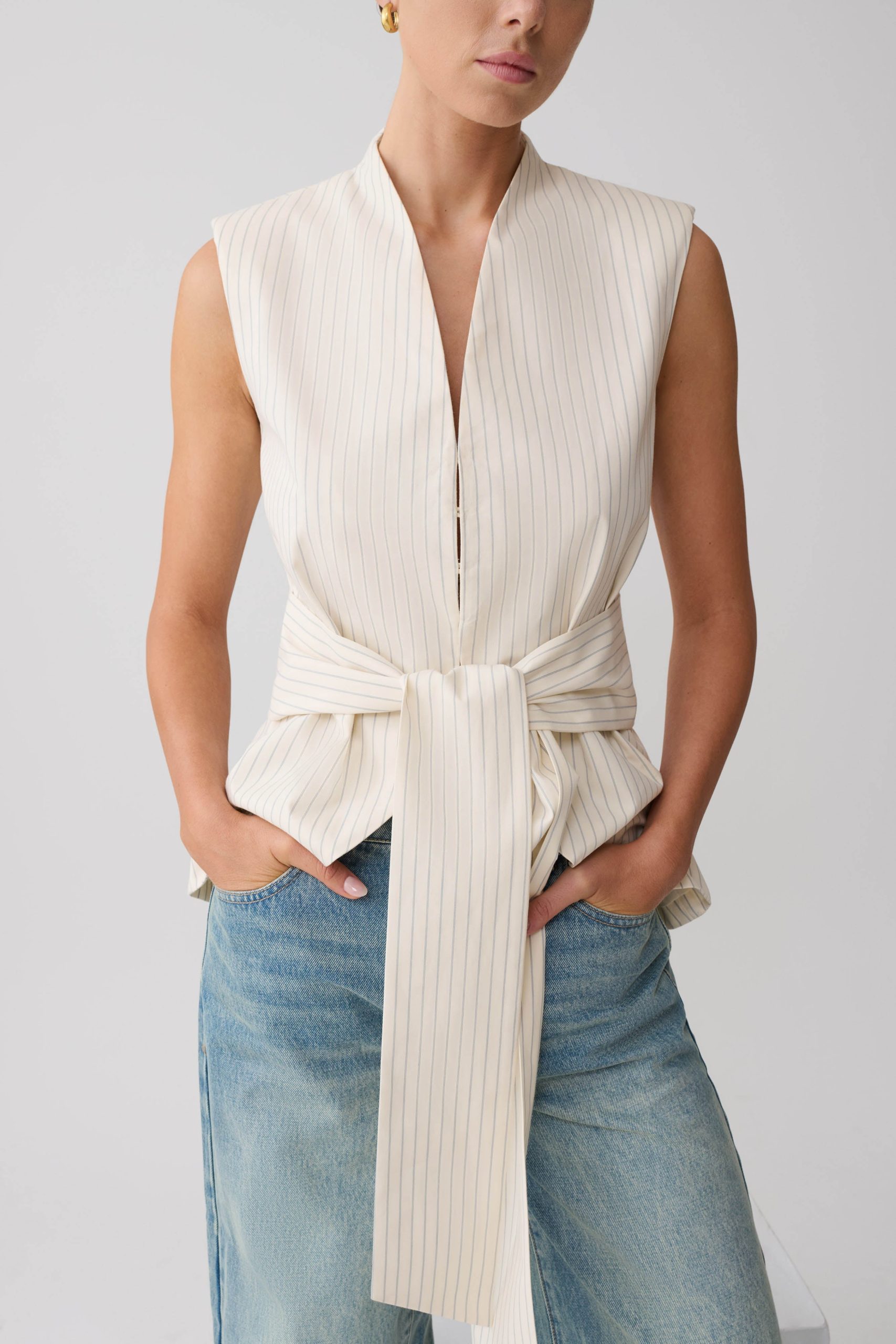 Alina Waist Tie Sleeveless Top - Stripe - Image 7