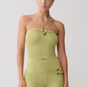 Dimitri Knit Halter Top With Hardware - Light Olive