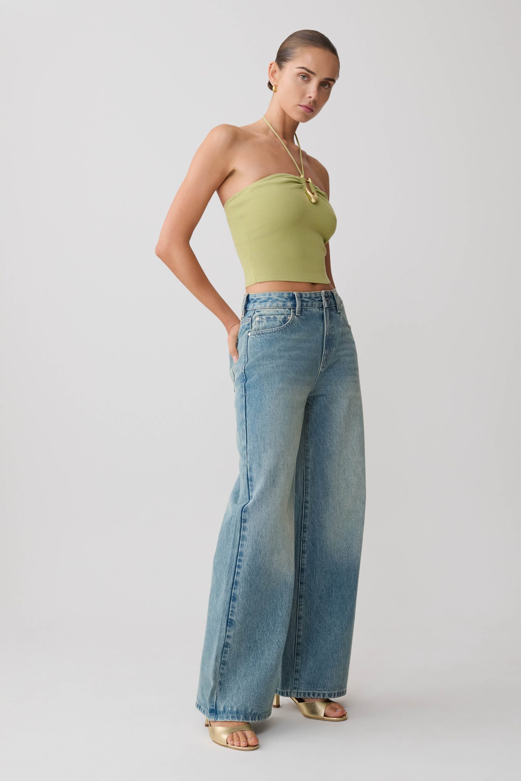 Dimitri Knit Halter Top With Hardware - Light Olive - Image 4