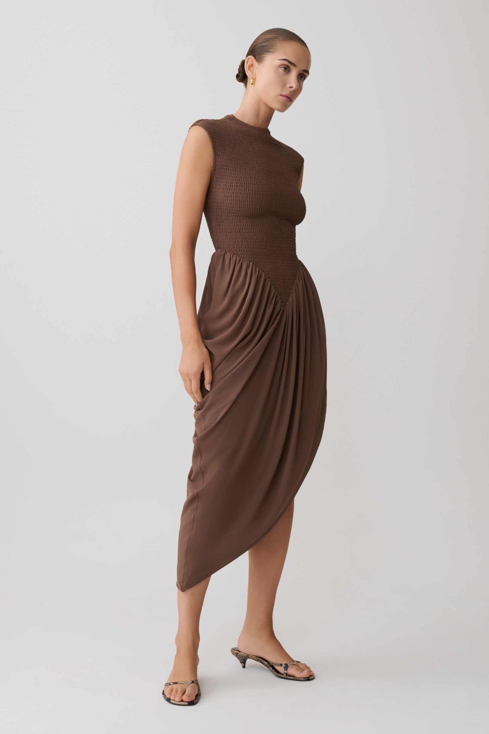 Nola Shirred Asymmetric Midi Dress - Mocha - Image 5