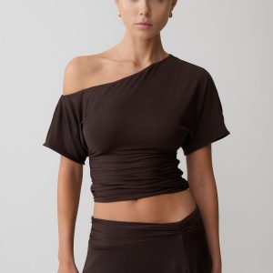 Luu Off Shoulder Slinky Top - Dark Chocolate