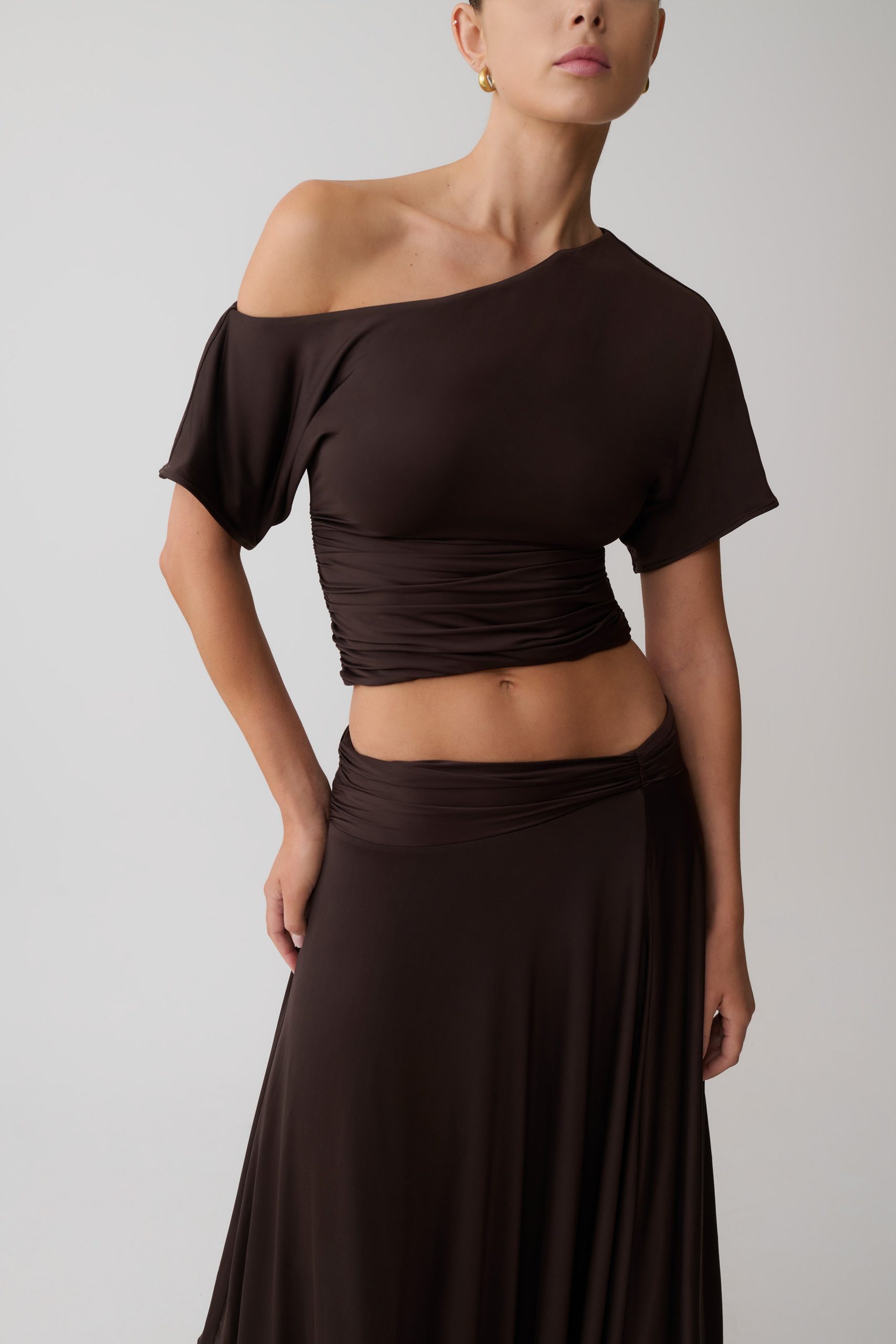 Luu Off Shoulder Slinky Top - Dark Chocolate - Image 3