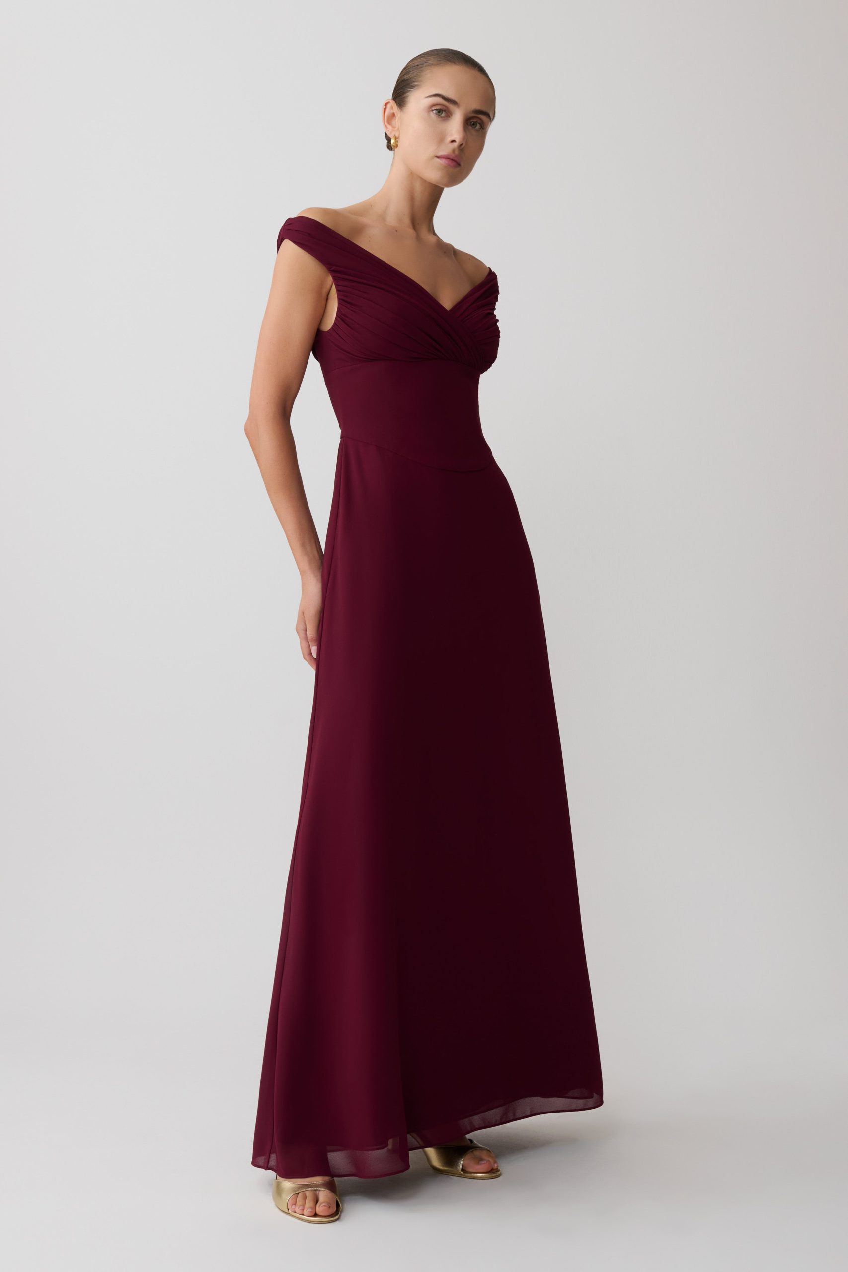 Mabel Off Shoulder Chiffon Maxi Dress - Merlot - Image 4