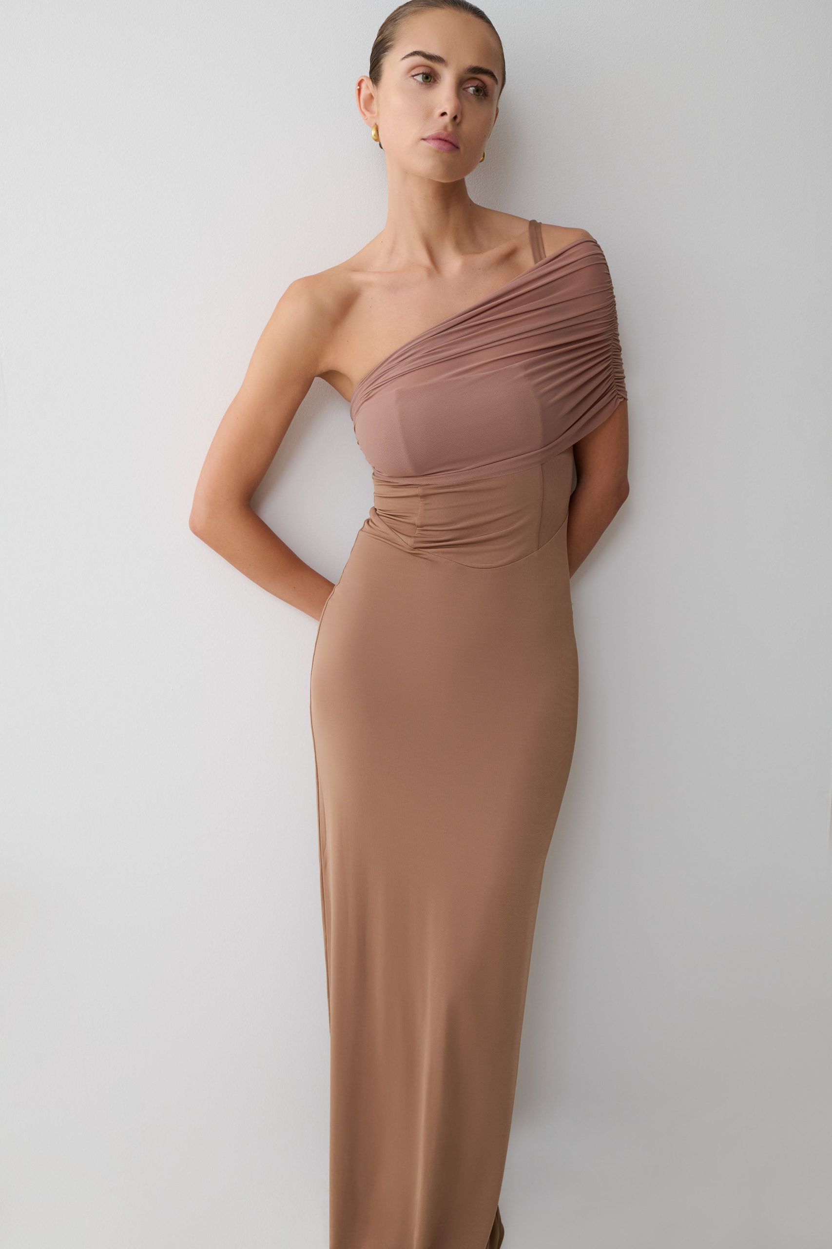 Hanh One Shoulder Mesh Maxi Dress - Tan - Image 8