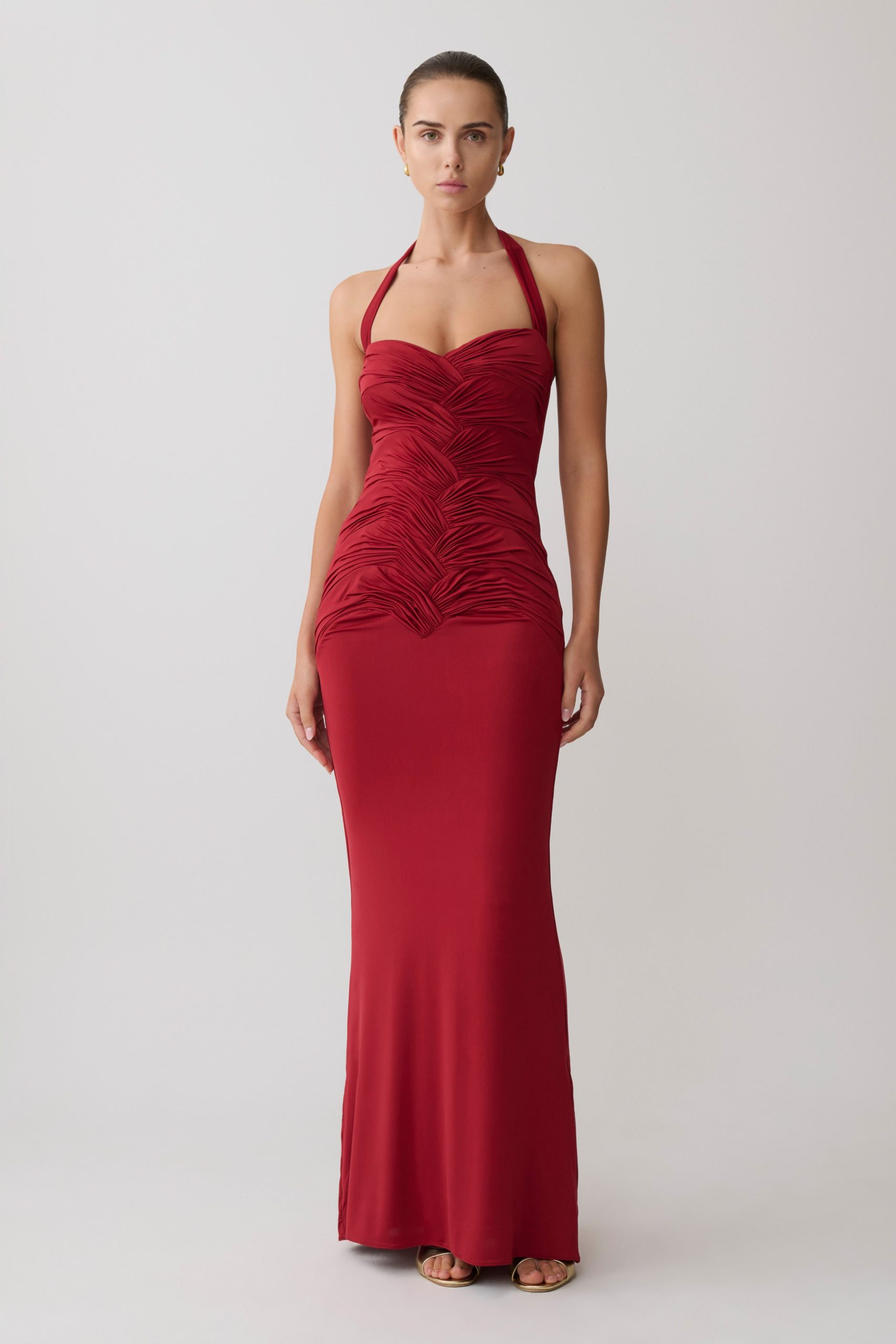 Hoai Gathered Slinky Halter Maxi Dress - Deep Red - Image 2