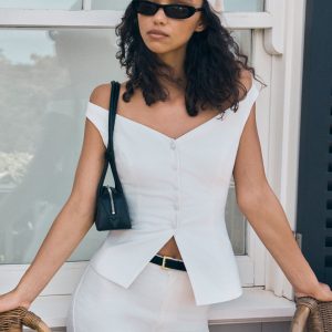 Billie Off Shoulder Sleeveless Button Top - White