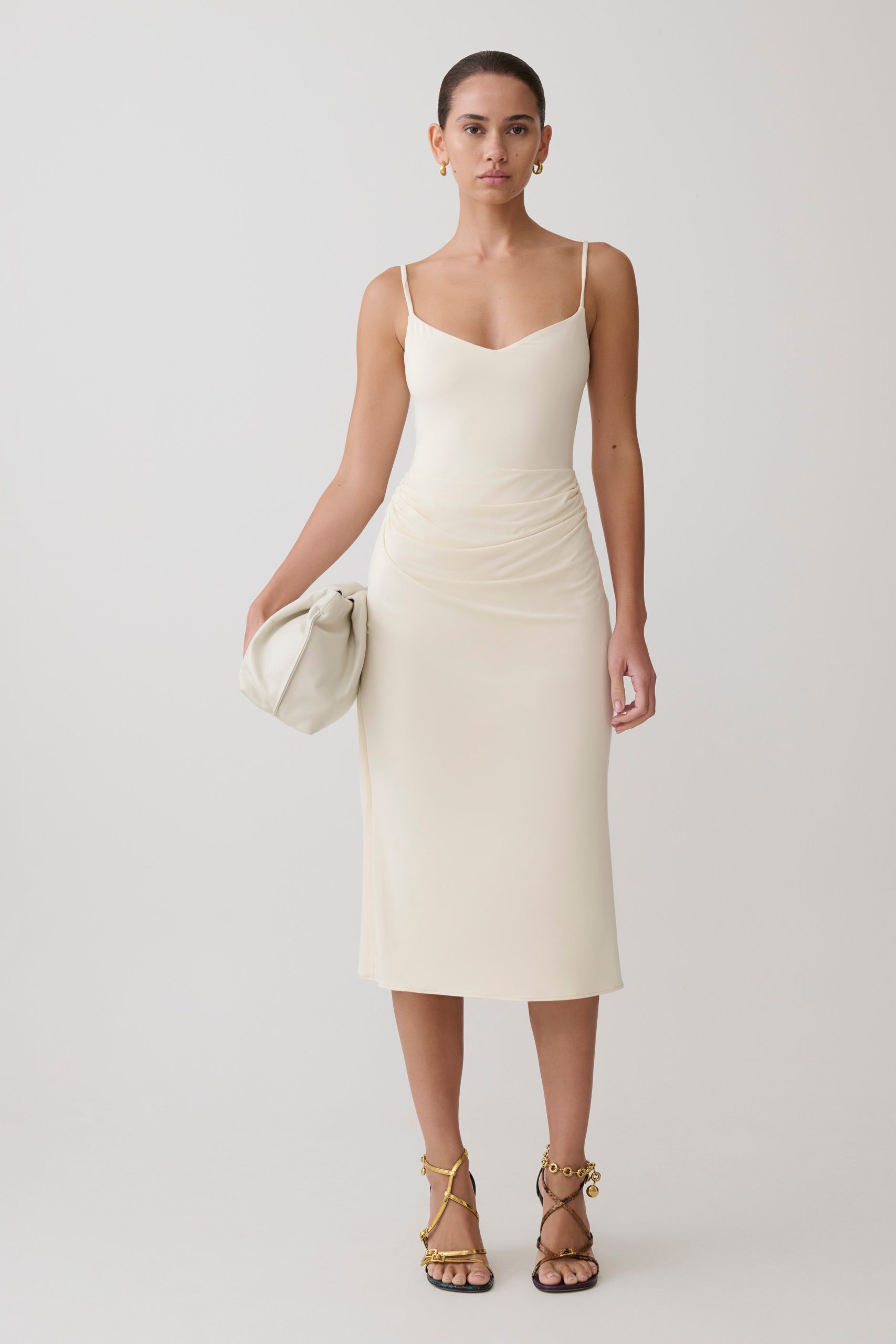 Vina Gathered Jersey Midi Dress - Ivory - Image 9