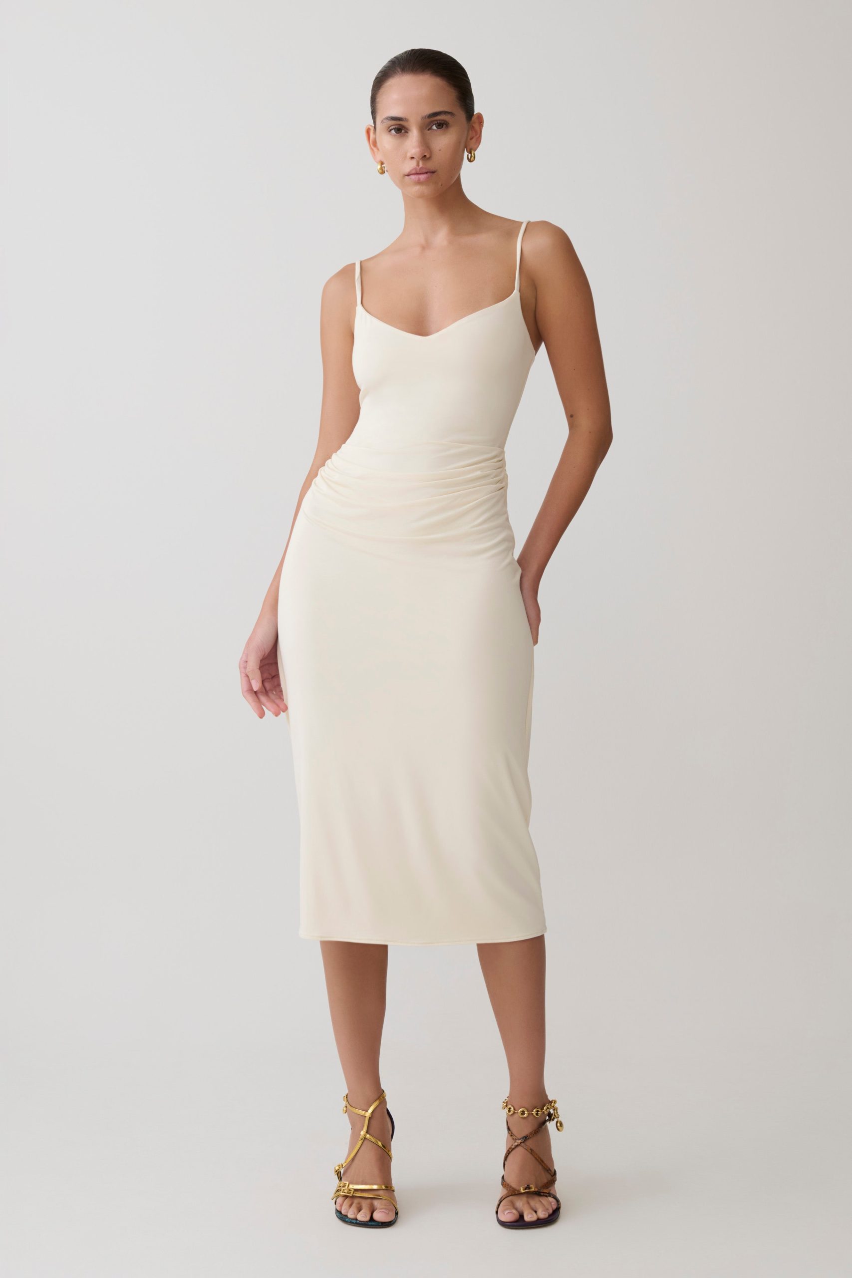 Vina Gathered Jersey Midi Dress - Ivory - Image 6