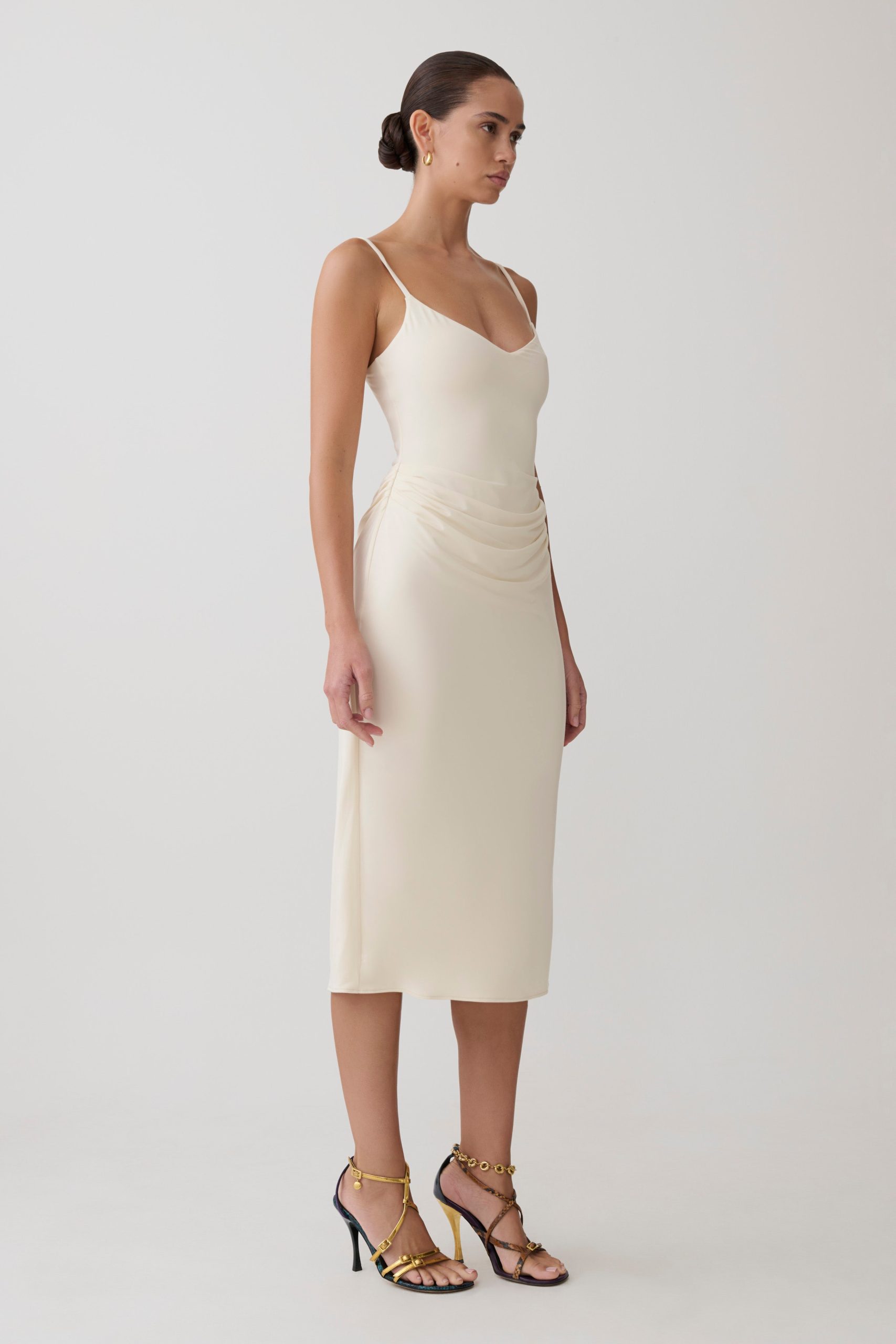 Vina Gathered Jersey Midi Dress - Ivory - Image 5