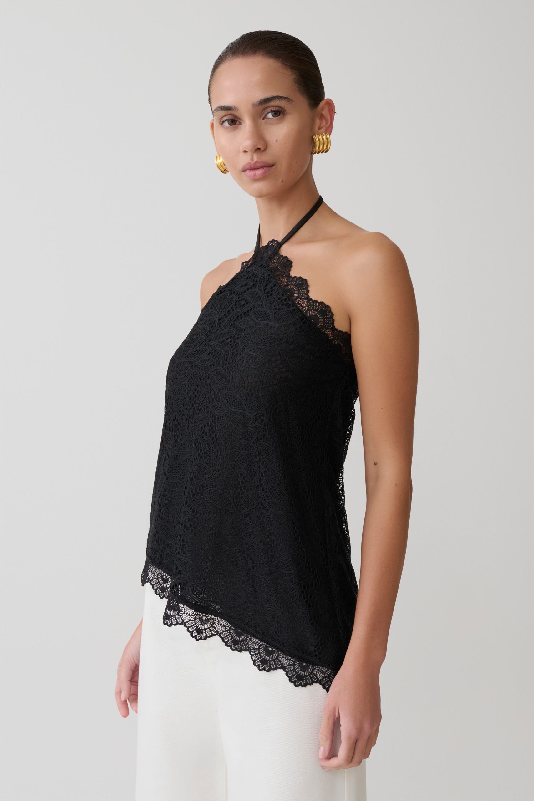 Theodosia Asymmetric Lace Halter Top - Black - Image 3