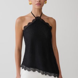 Theodosia Asymmetric Lace Halter Top - Black