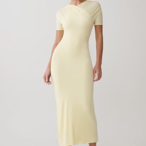 Junie Cross-Over Neck Slinky Maxi Dress - Lemon