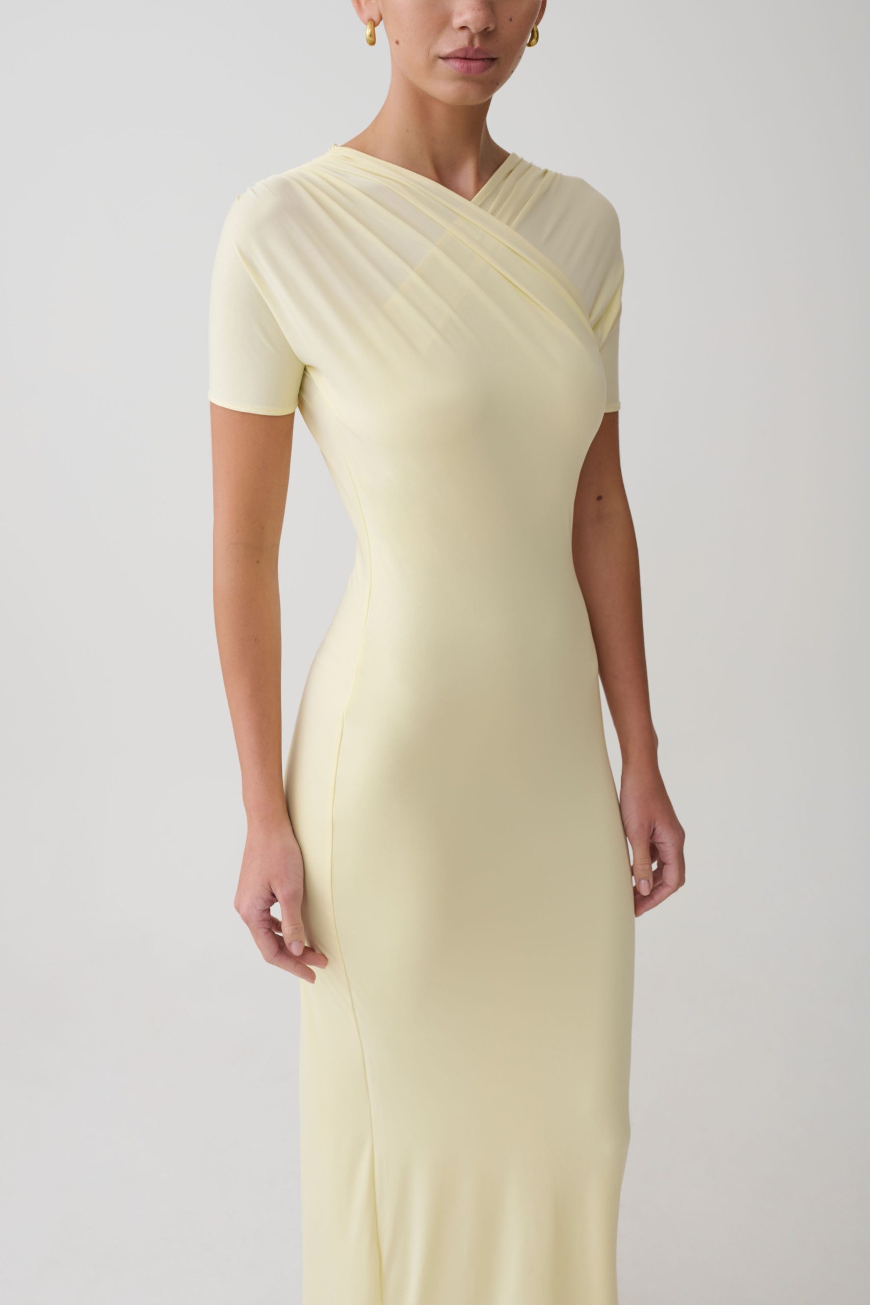 Junie Cross-Over Neck Slinky Maxi Dress - Lemon - Image 3