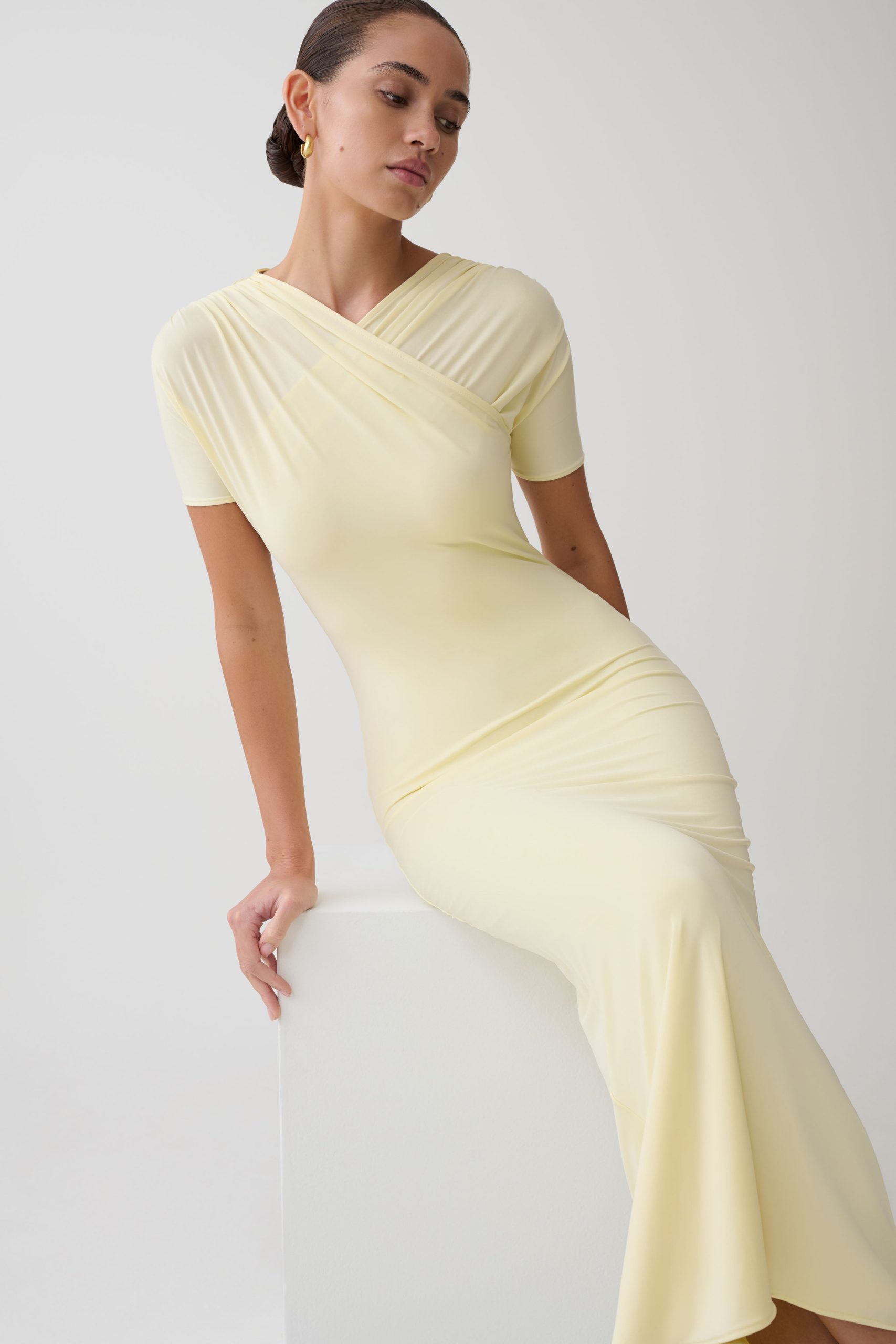 Junie Cross-Over Neck Slinky Maxi Dress - Lemon - Image 5