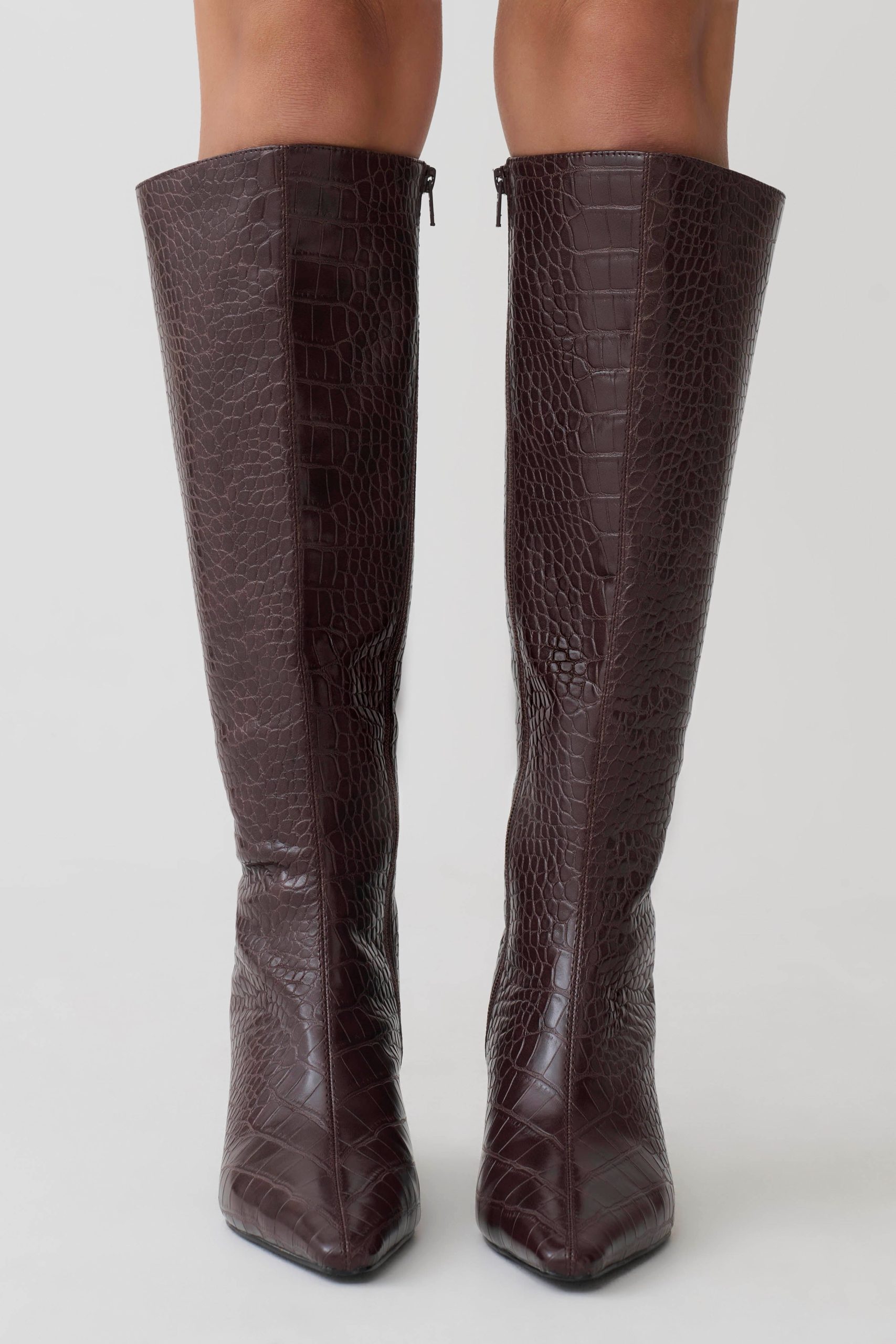 Sarah Faux Leather Crocodile Boot - Chocolate - Image 4
