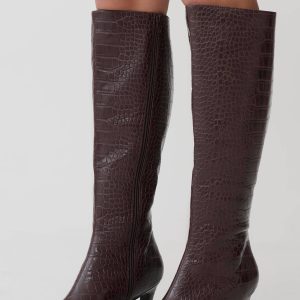 Sarah Faux Leather Crocodile Boot - Chocolate