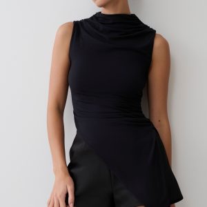 Suong High Neck Gathered Top - Black
