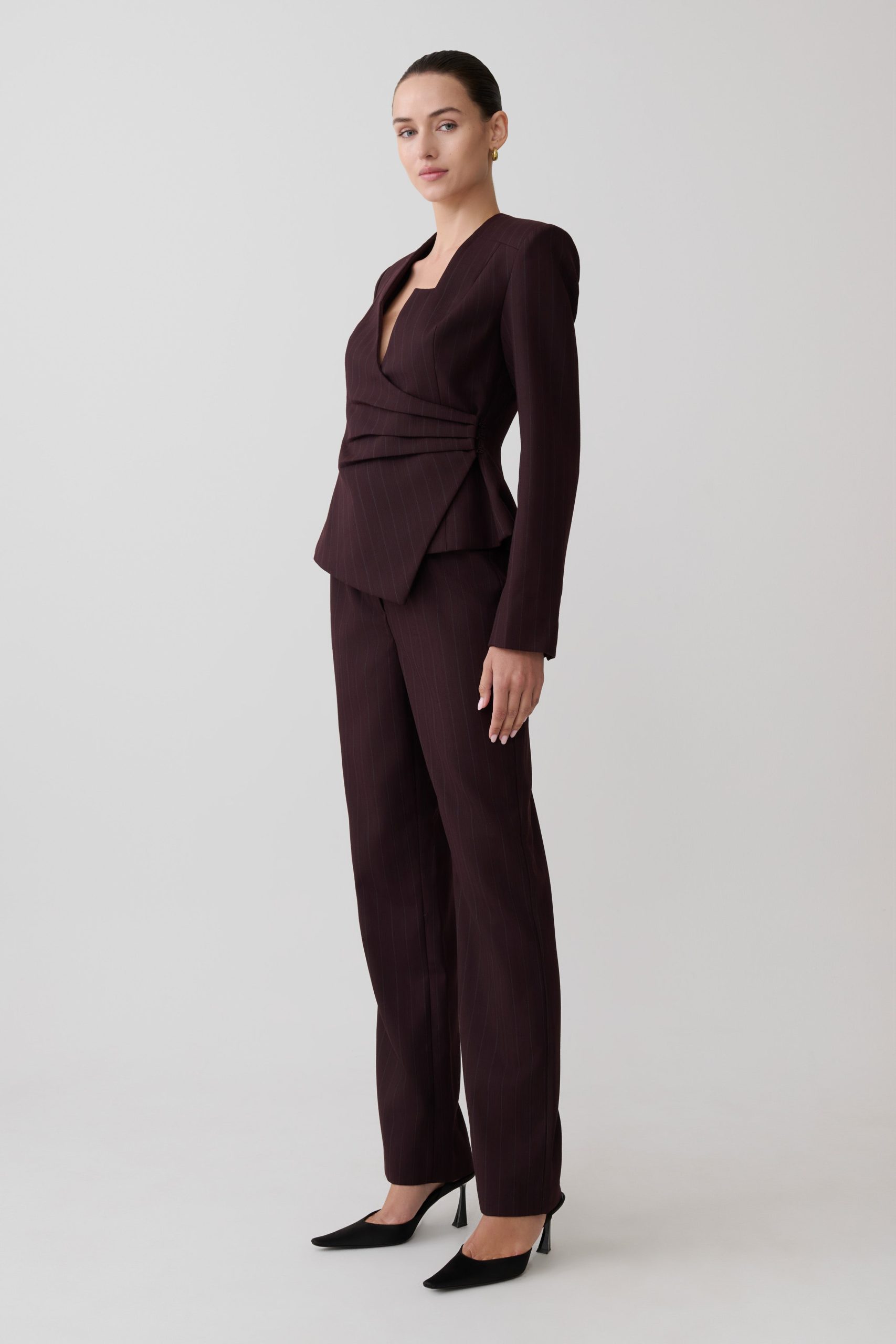 Agatha Straight Leg Suiting Pants - Plum Pinstripe - Image 4