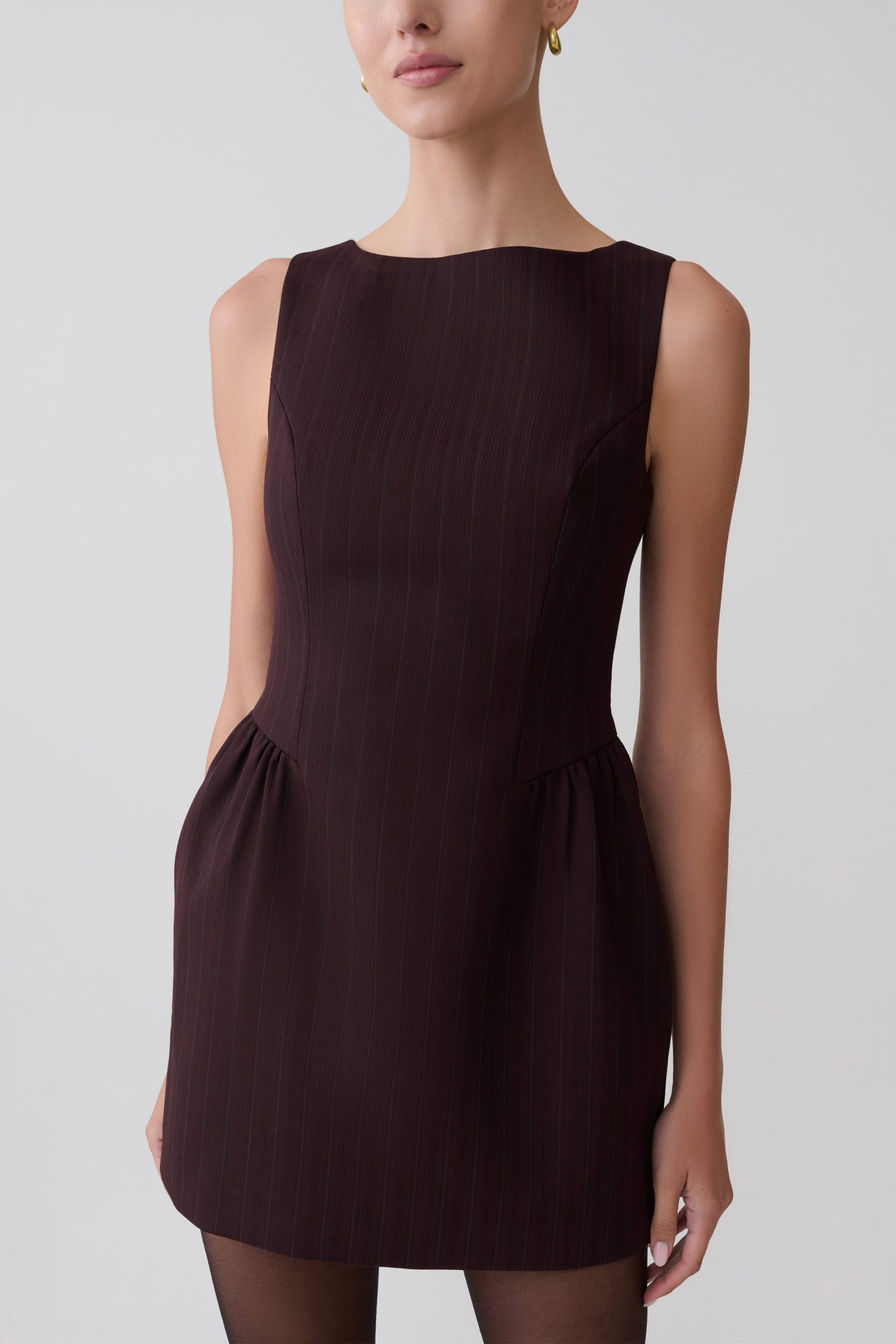 Hallie Boat Neck Mini Dress - Plum Pinstripe - Image 10