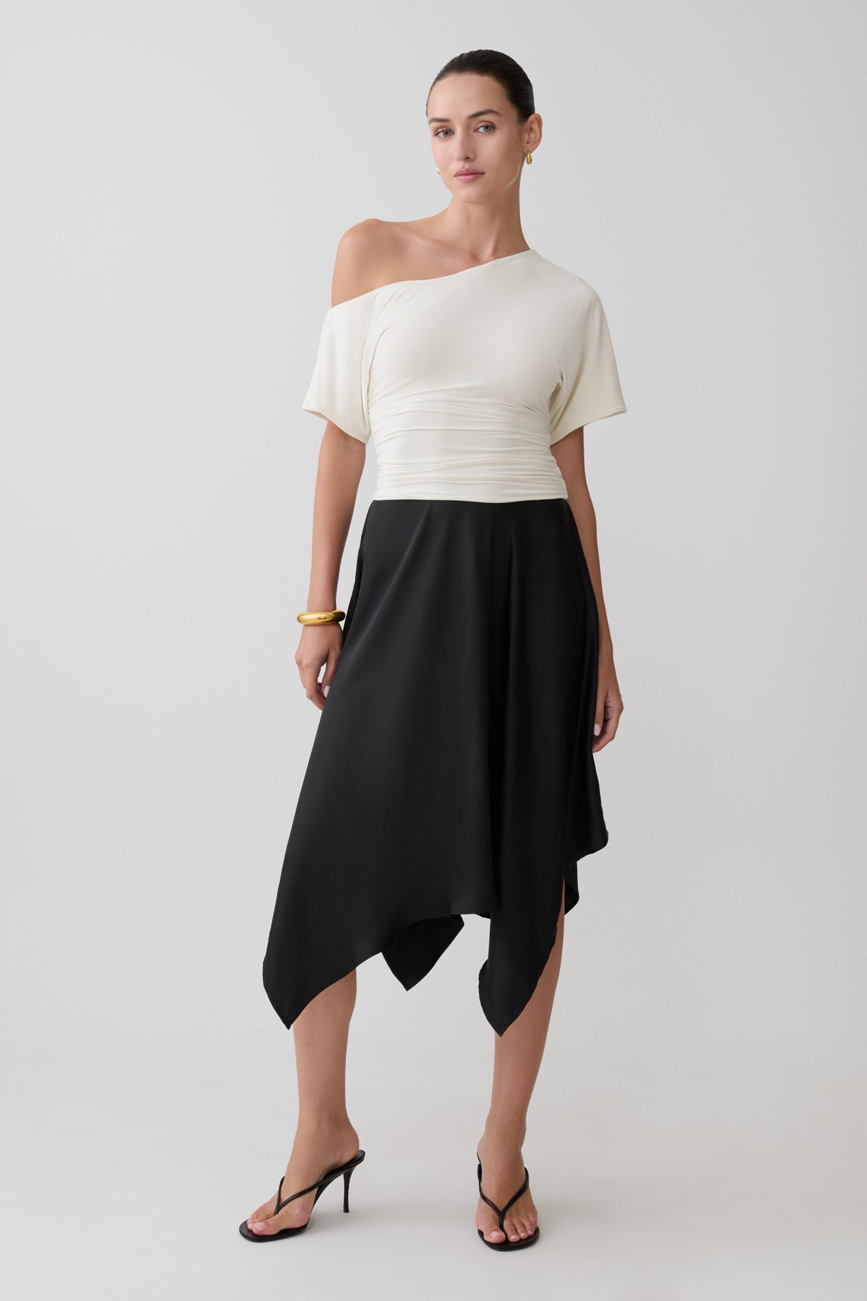 Coralie Asymmetric Satin Midi Skirt - Black - Image 4