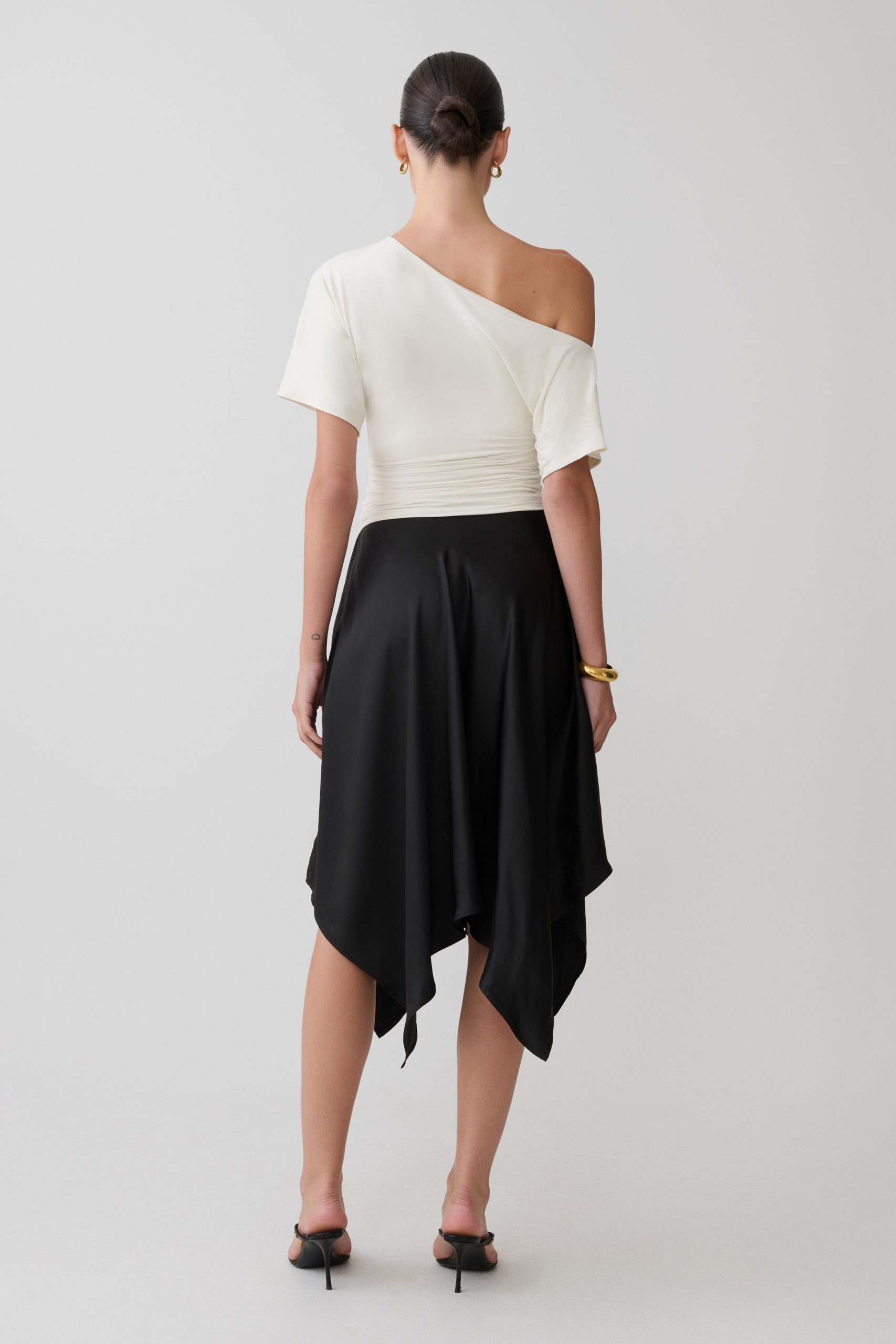 Coralie Asymmetric Satin Midi Skirt - Black - Image 5