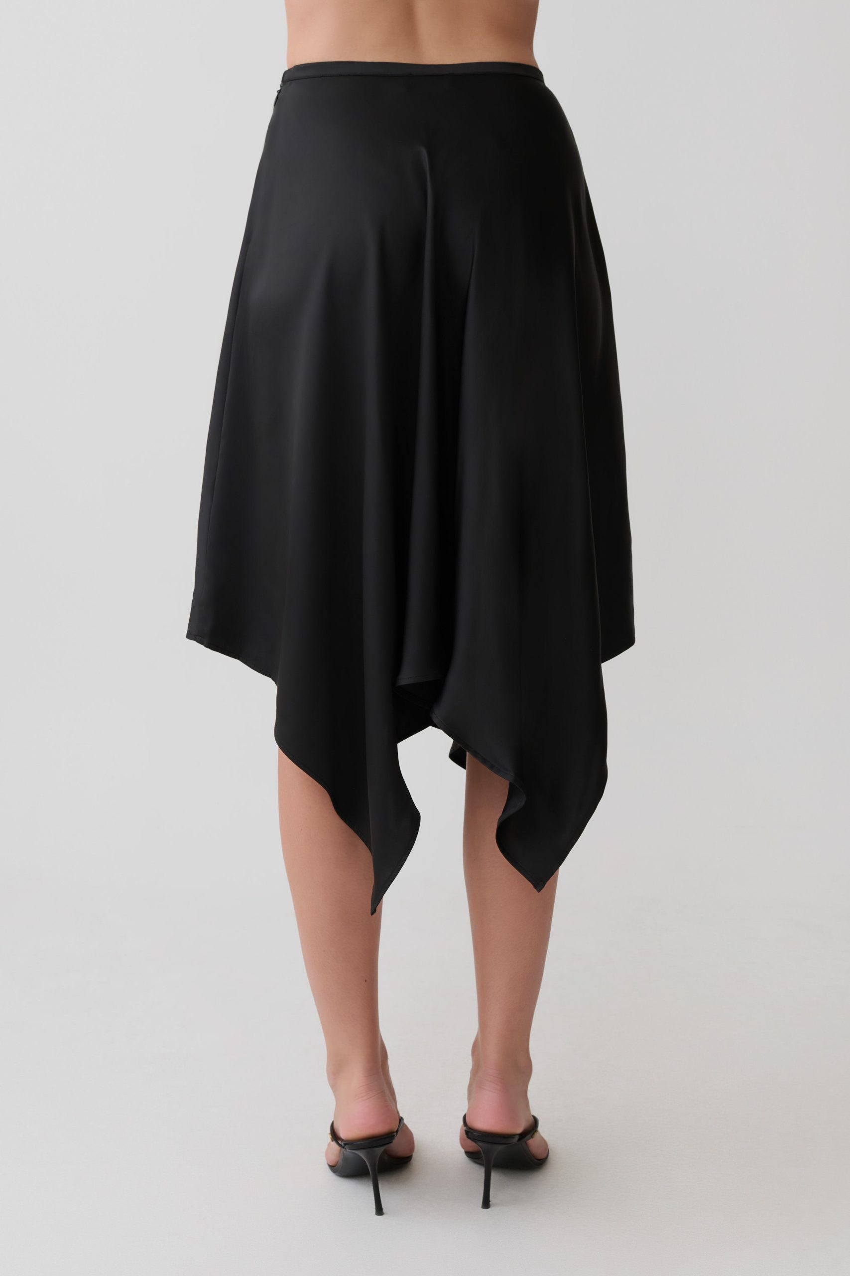 Coralie Asymmetric Satin Midi Skirt - Black - Image 11