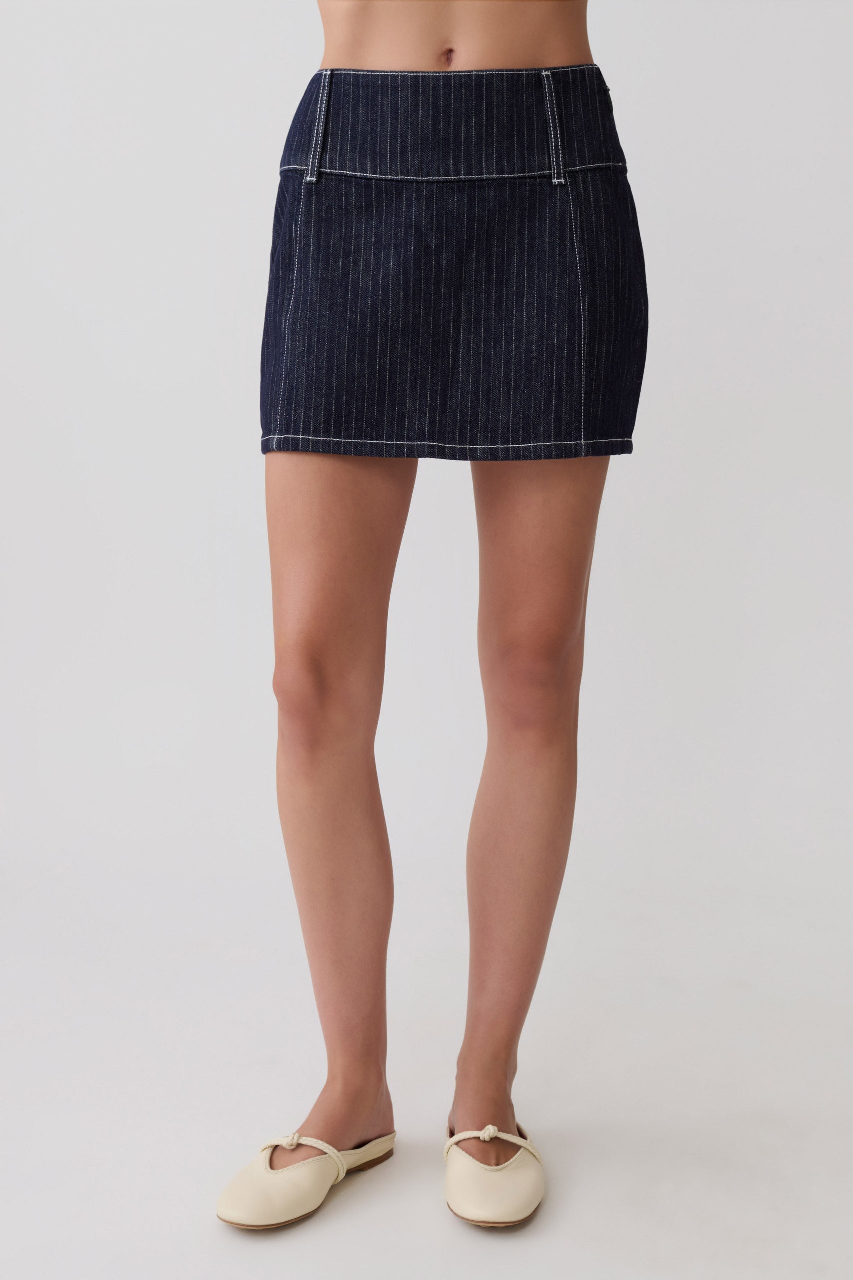 Loraine Mid Rise Denim Mini Skirt - Indigo Pinstripe - Image 9