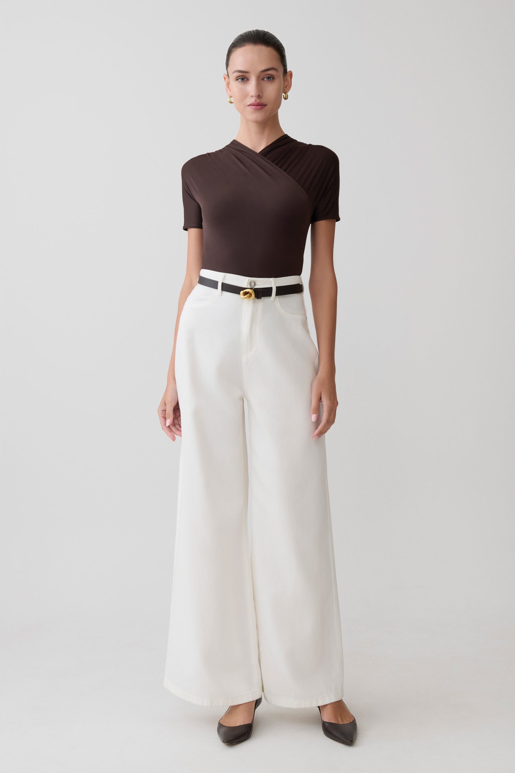 Junie Shortsleeve Cross-Over Bodysuit - Chocolate - Image 2